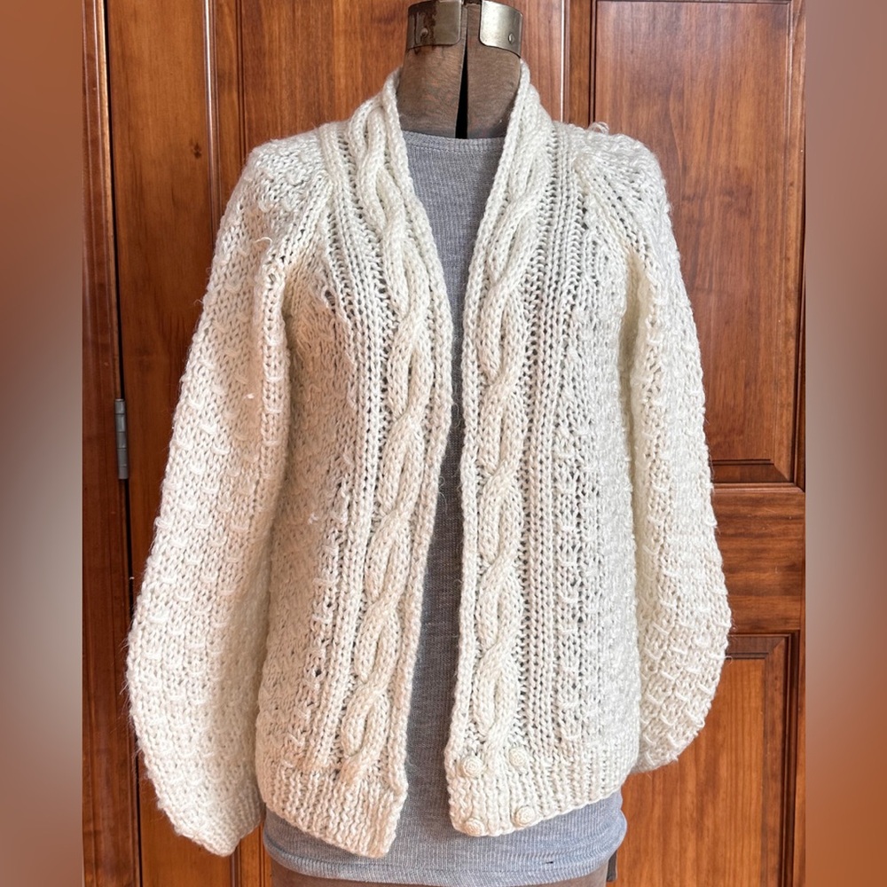 Vintage Cardigan Bubble Knit Cable Knit Open Front Cream Chunky Soft Neutral